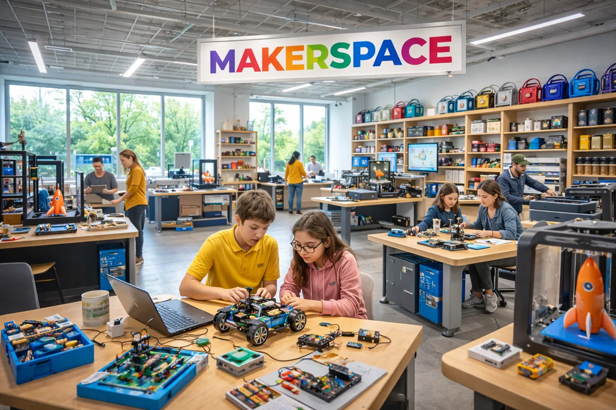 Concept illustration of learners exploring robotics in a makerspace