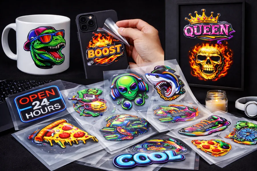 Examples of UV printed stickers and objects